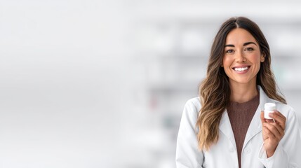 Smiling female healthcare professional holding a medication bottle in a bright clinical setting