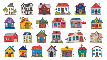 Twenty whimsical, hand-drawn houses in two neat rows on a clean, bright white background