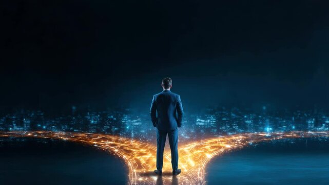 Businessman at digital glowing crossroads in city at night, making decisions and choices for future technology, innovation, opportunity, and ambition