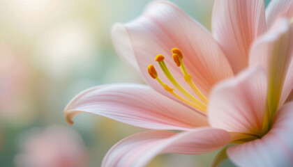 Fototapeta premium Close-up of a pale pink lily, showcasing its soft petals and vibrant yellow stamen. The blurred background enhances the flower's delicate beauty.