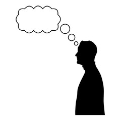 Man's Head Silhouette with Blank Speech Bubble, Profile of Thought. A black silhouette of a man's head in profile, looking towards a blank, rounded speech bubble, symbolizing thought.