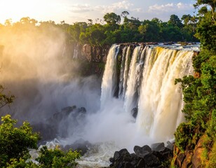 Fototapeta premium Majestic waterfall cascading down rocky cliffs, lush vegetation surrounding