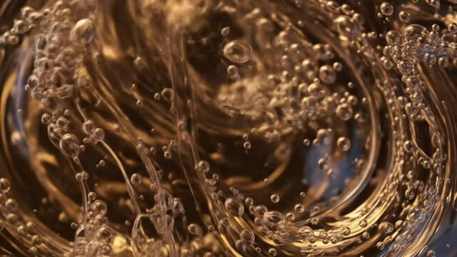 Golden elixir with floating bubbles swirling