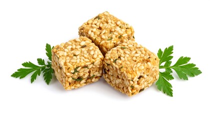 Stacked Food Cubes with Parsley Garnish on White Background in Studio