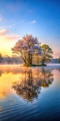 Obraz premium A serene lake at dawn with misty fog rising from the water's surface and surrounded by tall trees in full bloom