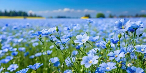 Fototapeta premium A sea of blue flax flowers blooming in a vast field on a sunny day