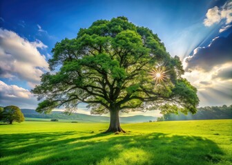 Obraz premium A majestic oak tree stands alone on a lush green grassy field in spring