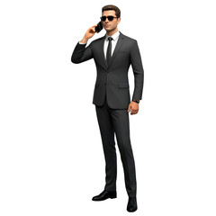 Obraz premium Man in Dark Suit and Sunglasses Talking on a Cellphone, Urgent Conversation, AI Generated