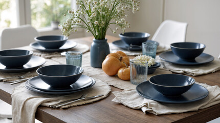 Dining table set with navy blue plates and minimal floral arrangement  