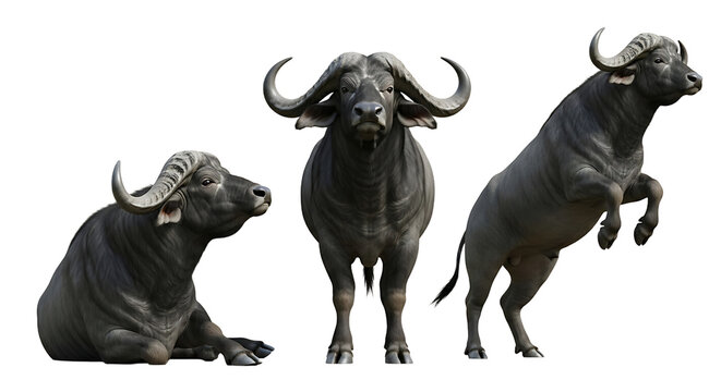 Three African Buffaloes in Various Poses Displaying Horns and Musculature.