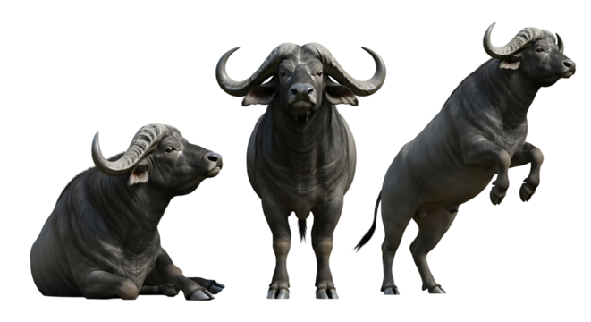 Three African Buffaloes in Various Poses Displaying Horns and Musculature.