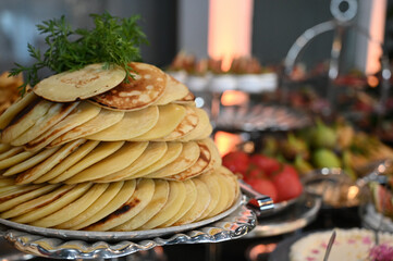 American sweet pancake, sweet pancake, pancake, mini pancake, bowl with pancakes, buffet, fried dough, haute cuisine	