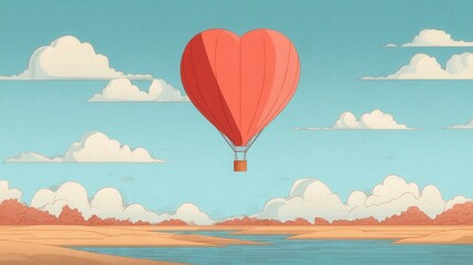Fototapeta premium Love Takes Flight: A heart-shaped hot air balloon soars serenely over a landscape, symbolizing love and dreams in a picturesque moment.
