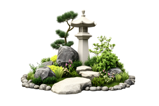 Tranquil japanese garden miniature with stone lantern and lush greenery