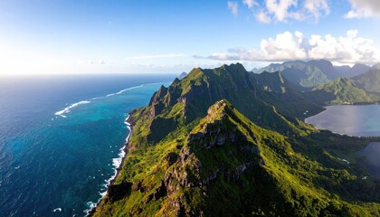 Fototapeta premium Lush green mountains meet turquoise ocean