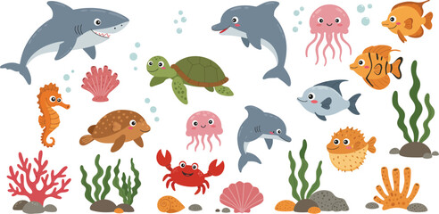 Sea life Cartoon ocean underwater animals Cute water fish sea horse crab shark dolphin turtle happy jellyfish Marine wildlife creatures Kids vector illustration A playful collection of cartoon