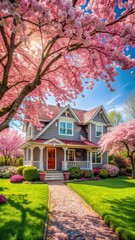 Traditional American house surrounded by vibrant Springtime garden with blooming pink cherry blossom trees in full bloom