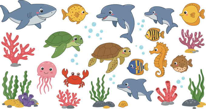 Sea life Cartoon ocean underwater animals Cute water fish sea horse crab shark dolphin turtle happy jellyfish Marine wildlife creatures Kids vector illustration A playful collection of cartoon
