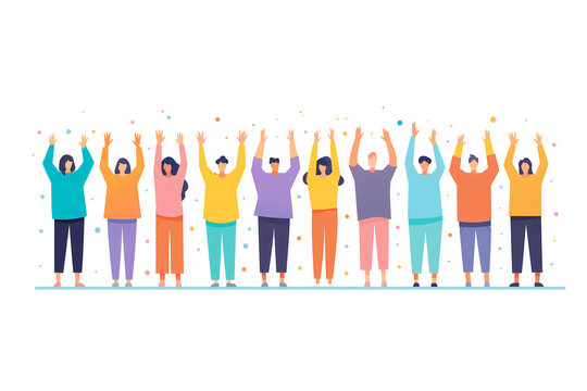 Flat Illustration of Teamwork Achievement: Success, Applause and Joyful Banzai
