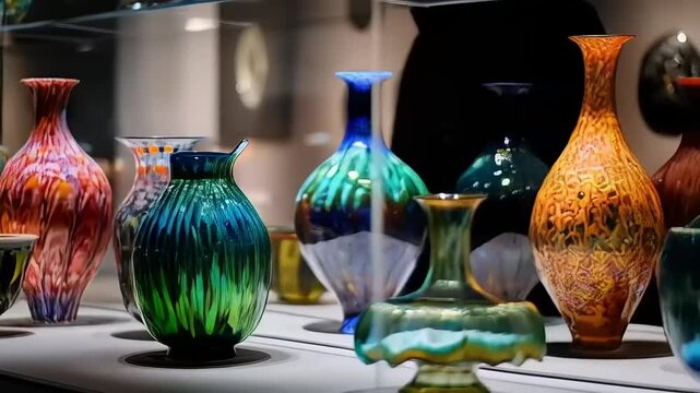 A vibrant display of colorful glass vases in a museum showcasing artistic craftsmanship