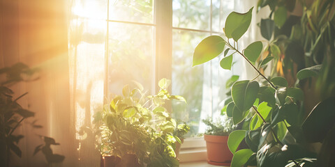 Indoor Houseplants Glowing in Morning Sunlight by Window
