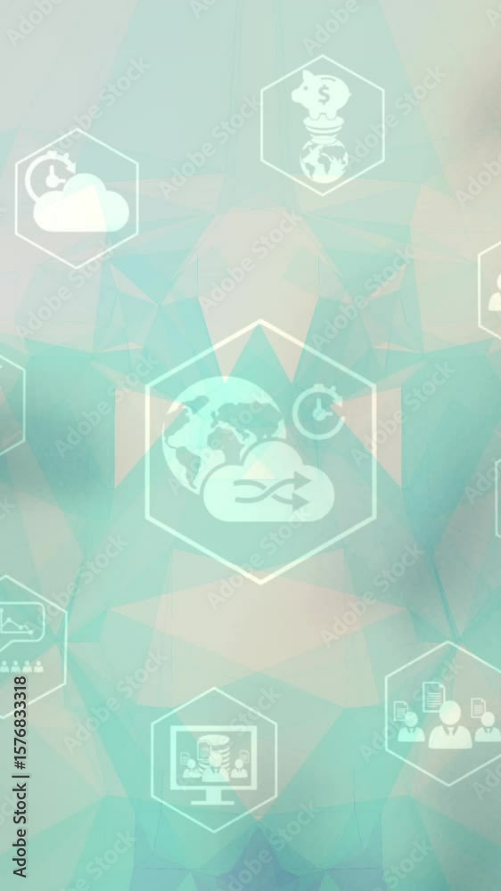 Poster network of digital icons and plexus networks against green gradient background