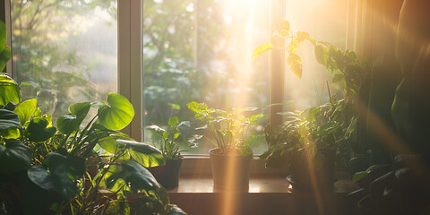 Indoor Houseplants Glowing in Morning Sunlight by Window