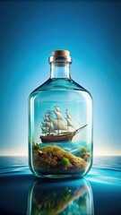 A small ship partially submerged in a glass bottle filled with ocean water and seaweed on a blue background