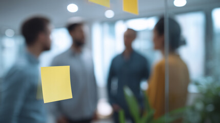 A team of professionals is blurred behind a glass partition adorned with yellow sticky notes, emphasizing collaborative brainstorming and idea generation in a modern office.
