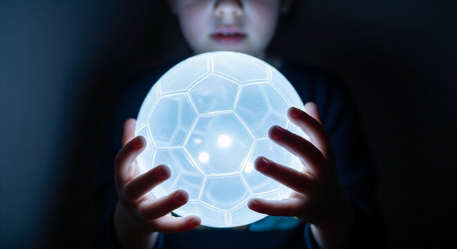 A child holds a luminous soccer ball in their hands, casting a gentle glow in the dark, creating a magical and futuristic scene.