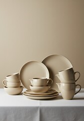 A set of beige ceramic tableware arranged on a white tablecloth against a neutral background. Includes plates, bowls, and cups.