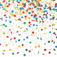 Colorful geometric confetti falling and scattered across a black background isolated on transparent background