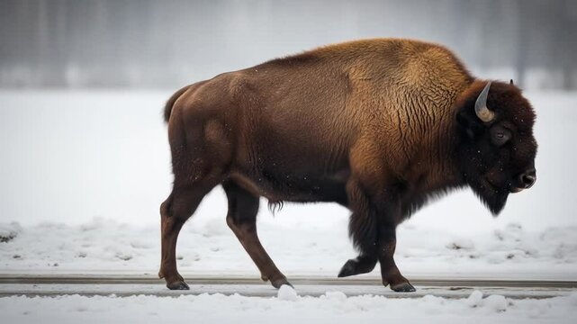 Brown Bison Walking Through Snowy Landscape Under Overcast Winter Sky