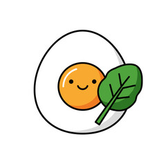 Cute egg character with smiling yolk and spinach leaf