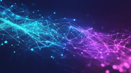 A futuristic abstract background featuring glowing lines, digital grids, and bright neon accents in shades of blue, purple, and green, creating a high-tech effect