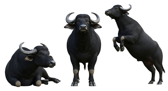 Three Water Buffalo Poses Resting Standing and Rearing with Curved Horns.