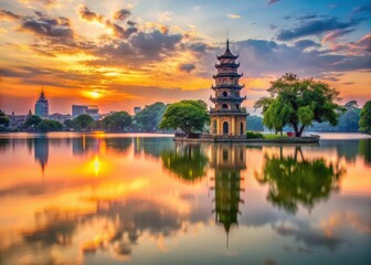 Tower of Hanoi Hoan Kiem lake at sunset