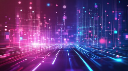 A futuristic abstract design with glowing digital grids, sharp light streaks, and geometric shapes in shades of purple, blue, and pink, creating a sleek, high-tech atmosphere