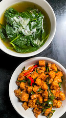 Indonesian Stir-fried Tempeh with Sweet Soy Sauce and Spinach Soup

