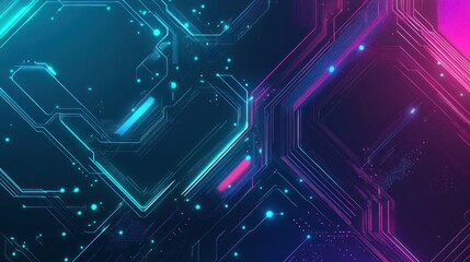 A futuristic abstract design with glowing digital grids, geometric shapes, and neon lines in shades of teal, blue, and purple, evoking a high-tech atmosphere