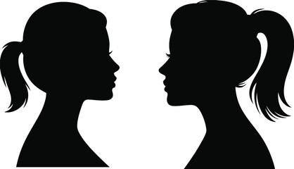 Fototapeta premium Two Female Profiles Silhouettes: Diverse Women Facing Each Other Headshots