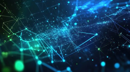 A futuristic abstract design with glowing geometric elements, digital grids, and neon blue and green lines cutting through a dark canvas, creating a high-tech look