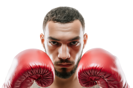 A boxer with red gloves stares intensely at the camera, ready to fight, isolated on transparent background