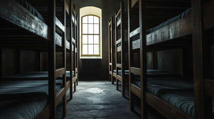 Dark empty bunk room with single window