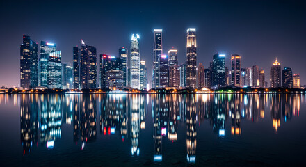 Fototapeta premium Stunning Night Cityscape with Reflections on Water