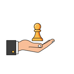 Hand holding a chess pawn in flat design style on white background  