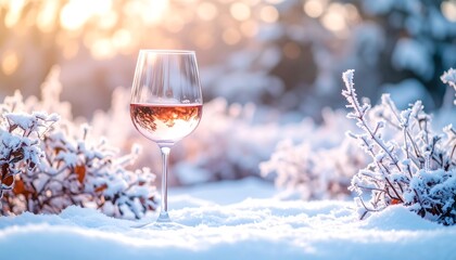 Wine Glass Filled with Pink Drink Stands on Snowy Ground with Bright Sunlight in Winter