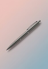 A sleek, silver pen rests against a gradient background, showcasing its design.