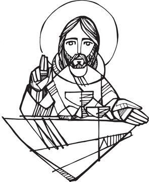 Hand drawn illustration of jesus in eucharist