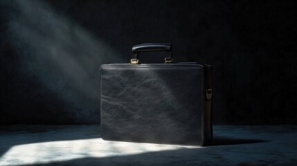 Dark briefcase illuminated by dramatic light.